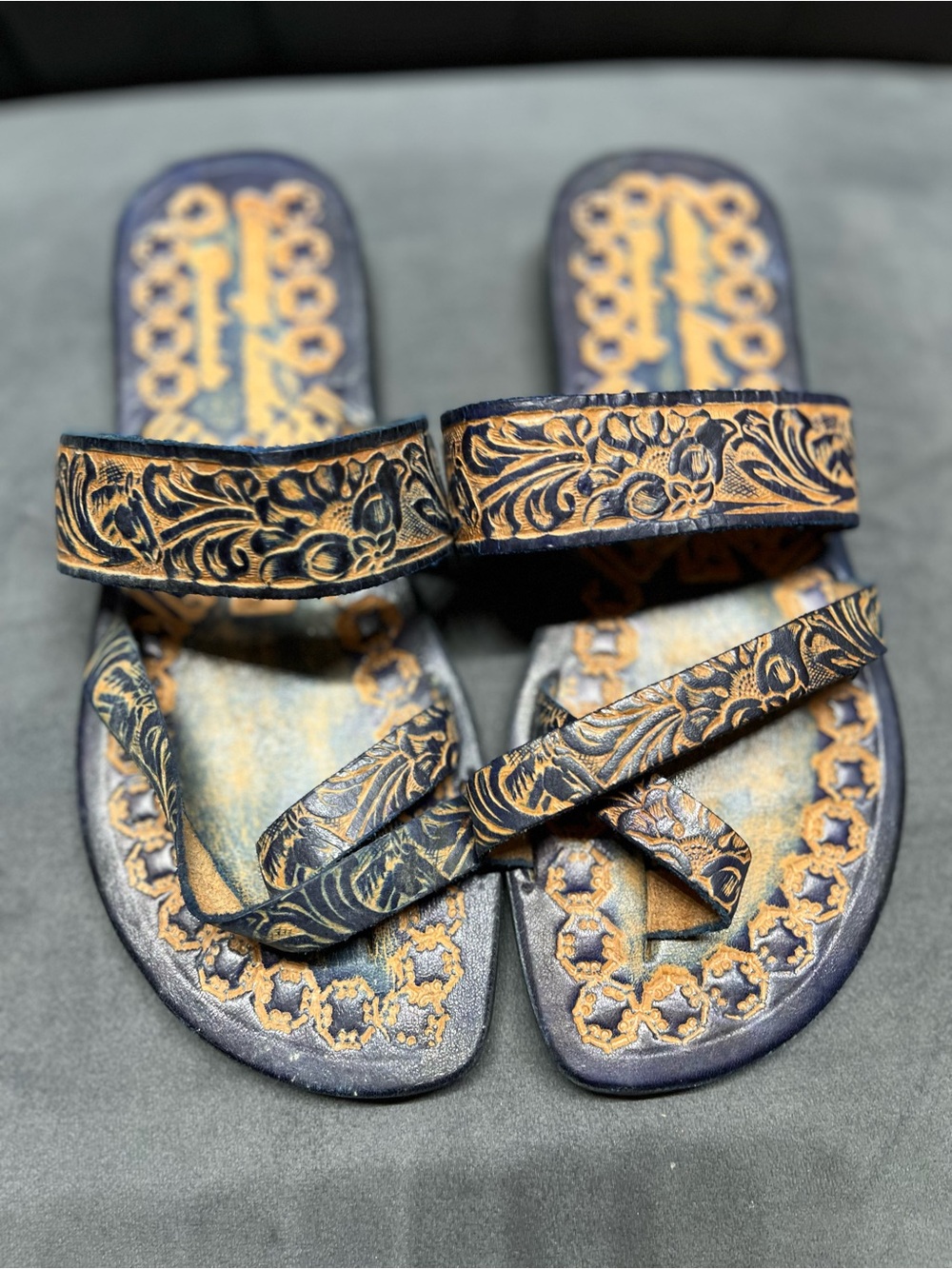 Handmade Women’s Floral Tooled Navy and Tan Cummings Leather Sandals